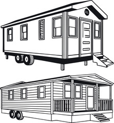 A cozy mobile home featuring a chimney, several windows, and a small staircase leading up to its inviting front door.