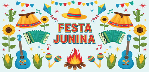 Festa Junina celebration Banner, Greeting Card, Poster. Brazil June Festival Design. Folklore Holiday. Guitar, Accordion, Cactus, Sunflower, Campfire, Garland. Festa de Sao Joao Vector illustration