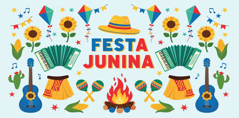 Fototapeta premium Festa Junina celebration Banner, Greeting Card, Poster. Brazil June Festival Design. Folklore Holiday. Guitar, Accordion, Cactus, Sunflower, Campfire, Garland. Festa de Sao Joao Vector illustration