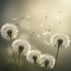 Obraz premium Serene Sunset Meadow: Dandelions Seeds Floating in Gentle Breeze, Tranquil Nature Scene