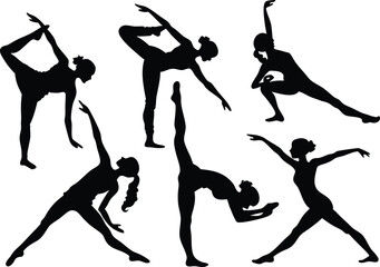 Six silhouettes of women in various yoga and dance poses