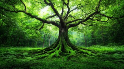 Obraz premium A majestic ancient tree with massive moss-covered roots thrives in a vibrant green forest filled with lush ground vegetation and ferns.