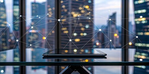 Tablet on office table with glowing digital network overlay and cityscape background at dusk
