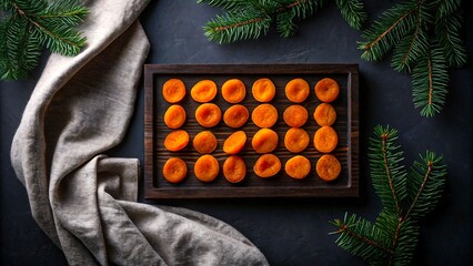 Dried apricots in wooden tray with fir branches and beige cloth on dark background
