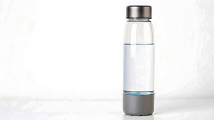 Clear reusable water bottle with gray cap standing on white background for hydration concept
