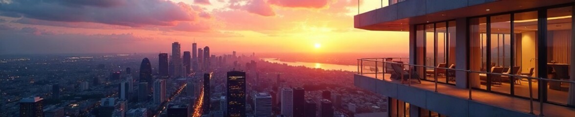 Fototapeta premium Luxury high-rise condo buildings overlooking a cityscape at sunset Modern architecture, glass facades, and sleek design Perfect for real estate marketing , building exterior, property