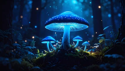 Gordijnen Glowing mushrooms in a magical forest © Bagas