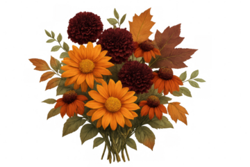 Autumnal floral arrangement displaying vibrant orange and burgundy blossoms, showcasing seasonal color palette against transparent backdrop