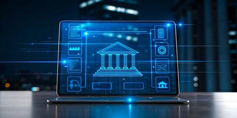 Laptop screen displaying digital banking icons in futuristic cityscape at night
