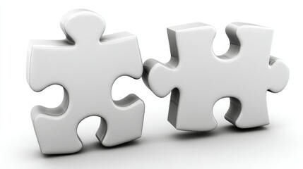 Obraz premium This abstract three dimensional illustration depicts two shiny white puzzle pieces fitting together, symbolizing solution, teamwork, and partnership.