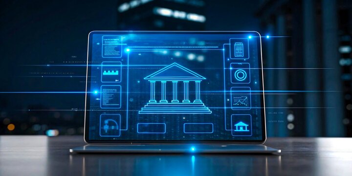 Laptop screen displaying digital banking icons in futuristic cityscape at night
