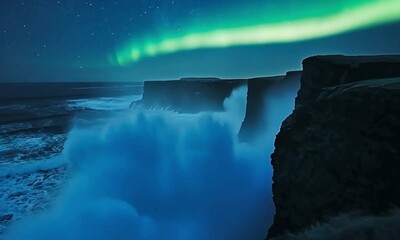 Dramatic coastal scene at night, with aurora borealis and powerful waves crashing against a dark cliff face - Powered by Adobe