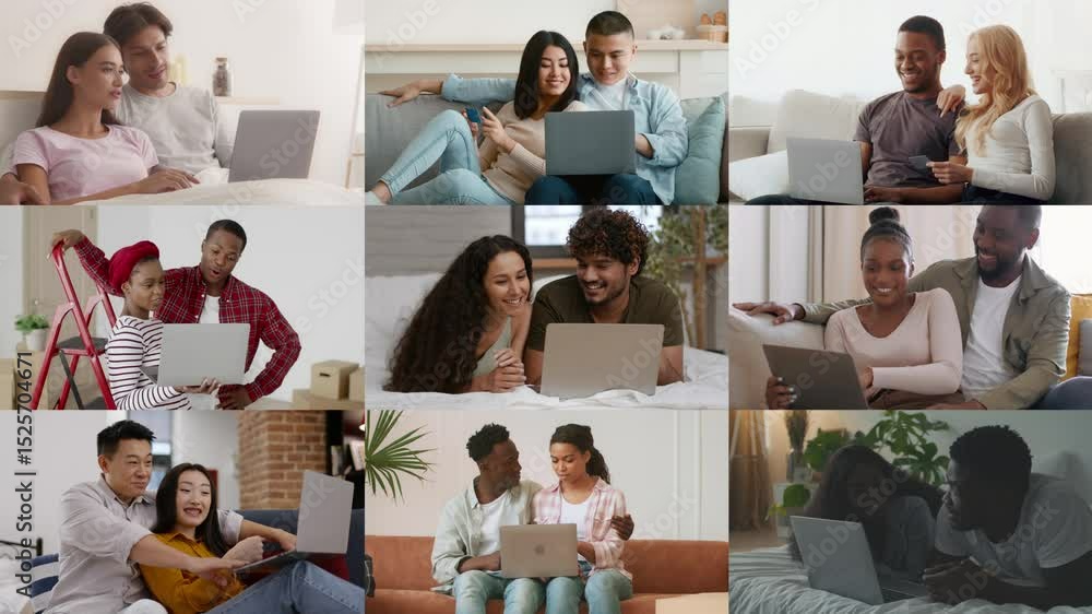 Poster groups of diverse individuals engage with laptops in comfortable indoor spaces. they share ideas, co