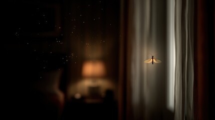 Insect hovering near window curtain