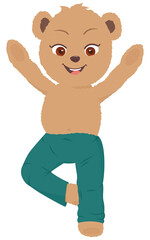 Illustration of a Teddy Bear doing Yoga Tree Pose, isolated