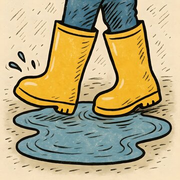 Yellow gumboots walking through a puddle