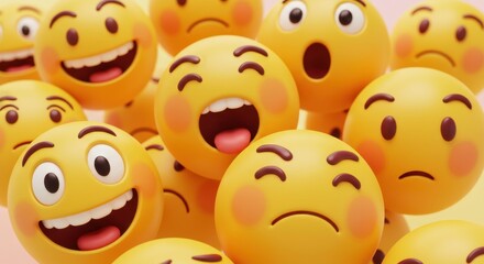 A Colorful Cluster of 3D Emojis: Joyful, Sad, and Surprised Faces in a Vibrant Display