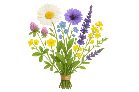 Wildflower bouquet combining daisies, clover, forget-me-nots, bound with rustic twine against transparent backdrop,