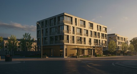 Modern Urban Architecture: Glass Building Facade Illuminated by City Lights at Sunset with Reflective Windows Along Downtown Street