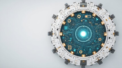 Detailed view of a complex circular technology mechanism with intricate internal circuits and glowing blue central energy core on white.