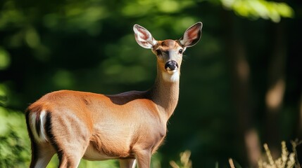 Obraz premium Gentle gaze of a Doe amidst a lush, verdant woodland backdrop tranquility