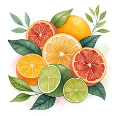 Watercolor fruits composition: oranges, lemons, limes sliced with leaves — bright summer design
