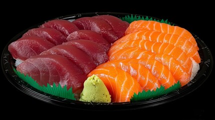 Delicious raw tuna and salmon nigiri sushi pieces arranged neatly on a black platter with a dollop of green wasabi paste.