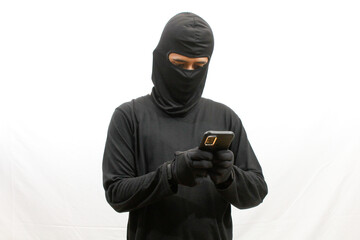 thief is hacking smartphone isolated on white background