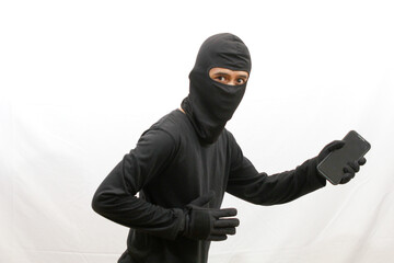 thief running away with smartphone, isolated on white background