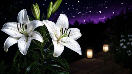 Two beautiful white lilies bloom brightly against a dark night sky filled with sparkling bokeh stars and soft distant garden pathway lights.