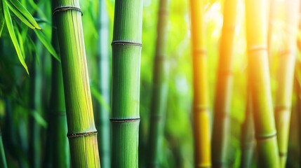 Obraz premium Detailed close-up view of vibrant green bamboo stems and lush leaves in a tranquil sunlit forest grove, offering a peaceful natural background.