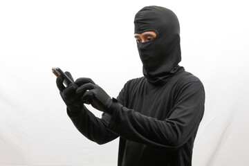 thief is hacking smartphone isolated on white background