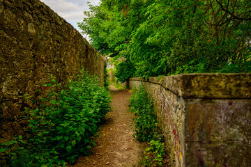 2023-12-31 A STONE WALL AND HIDDEN WALKWAY IN THE TOWN OF INVERNESS SCOTLAND WITH OVERGROWN WEEDS AND FOLIAGE WITH SELECTIVE FOCUS DOWN THE PATH