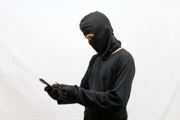 thief is hacking smartphone isolated on white background