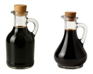 Elegant Glass Bottles of Dark Liquid or Soy Sauce Seasoning with Cork Stoppers, Ideal for Cooking and Dressing, Isolated on Transparent and White Background