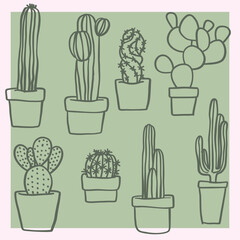 Line illustration of various cacti in decorative pots, minimalist doodle style. Botanical design