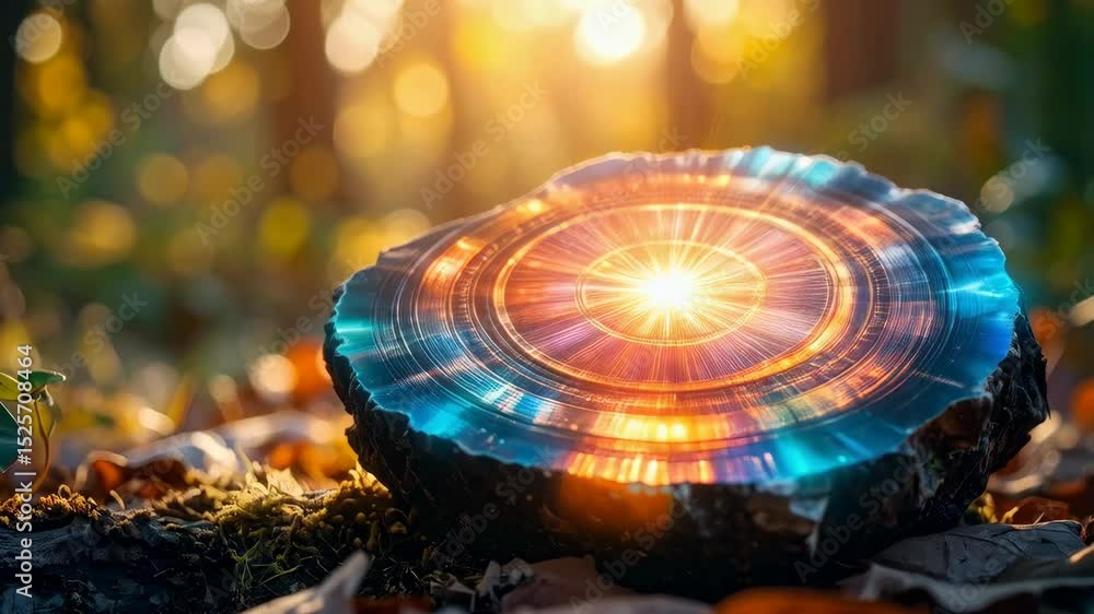 Poster glowing circular object sits among leaves and moss in sun dappled forest setting surrounded by fall 