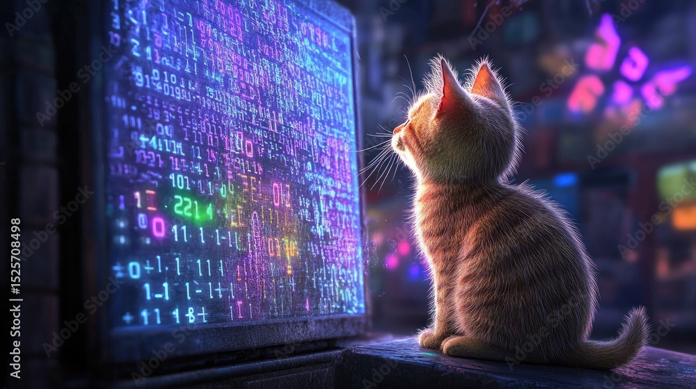 Poster Cat in a neon-lit digital realm, intently watching cascading binary digits