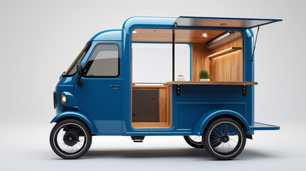 Fototapeta premium AI Generative. Blue Three-Wheeled Food Cart with Open Side. 20