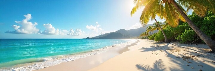 Sun-drenched beach, soft sand, gentle waves lapping the shore, palm trees swaying in the breeze A tranquil scene of pure Hawaiian serenity, evoking feelings of peace and escape , tropical, sunlight