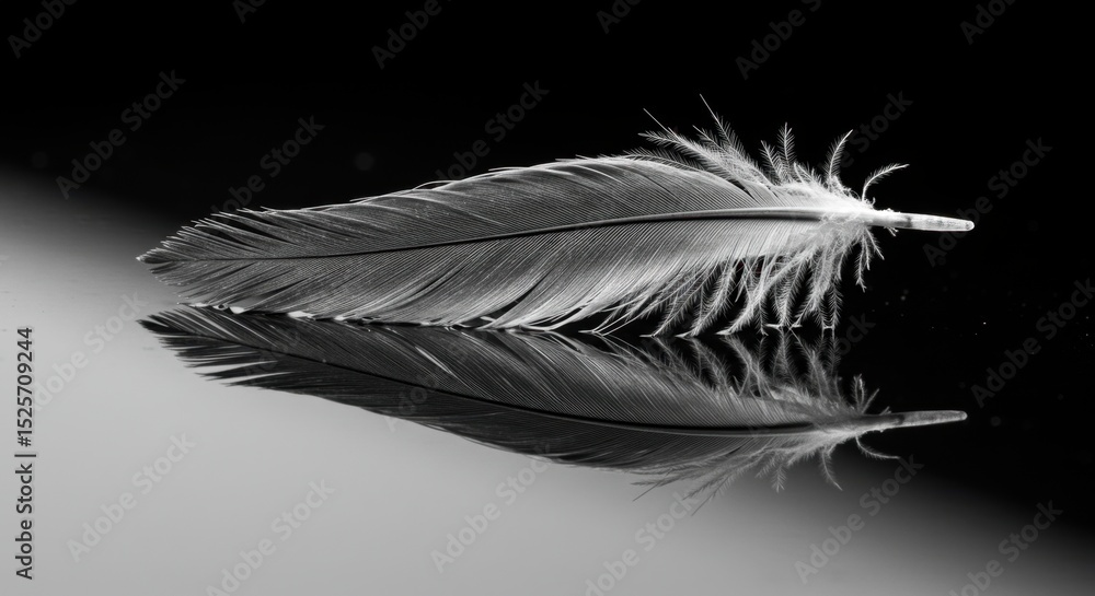 Poster monochromatic feather reflection: a study in light and shadow on dark background