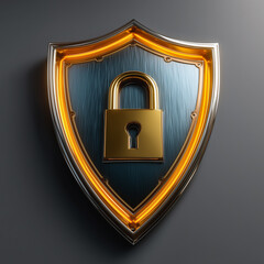 Metallic security shield with glowing orange lock symbol on dark surface
