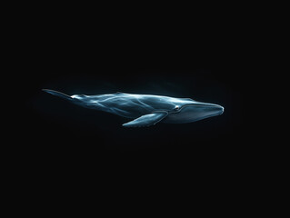 Blue whale gliding in deep black ocean with ethereal lighting effect
