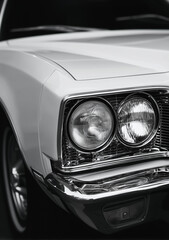 Closeup of vintage white car headlights and chrome details in studio light
