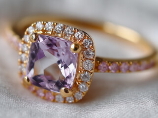 Closeup of elegant gold ring with purple gemstone and small diamonds
