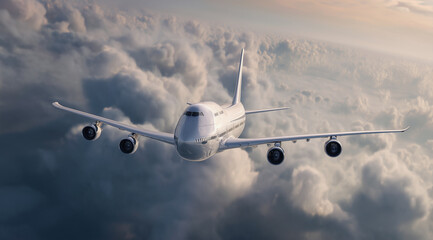 Passenger airplane soaring above clouds during golden hour sunset flight
