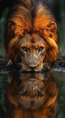 Majestic lion drinking from water with intense reflection and piercing gaze
