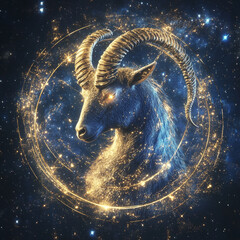 Capricorn zodiac sign glowing in cosmic golden constellation illustration
