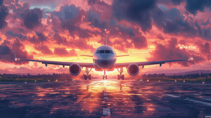 Airplane on runway at sunrise with glowing lights and dramatic reflections
