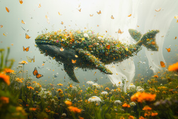 Fantasy whale covered in wildflowers floating in magical forest with butterflies
